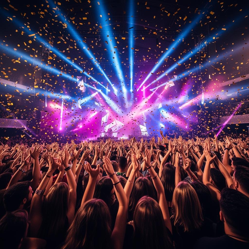 Concert crowd with confetti and stage lights